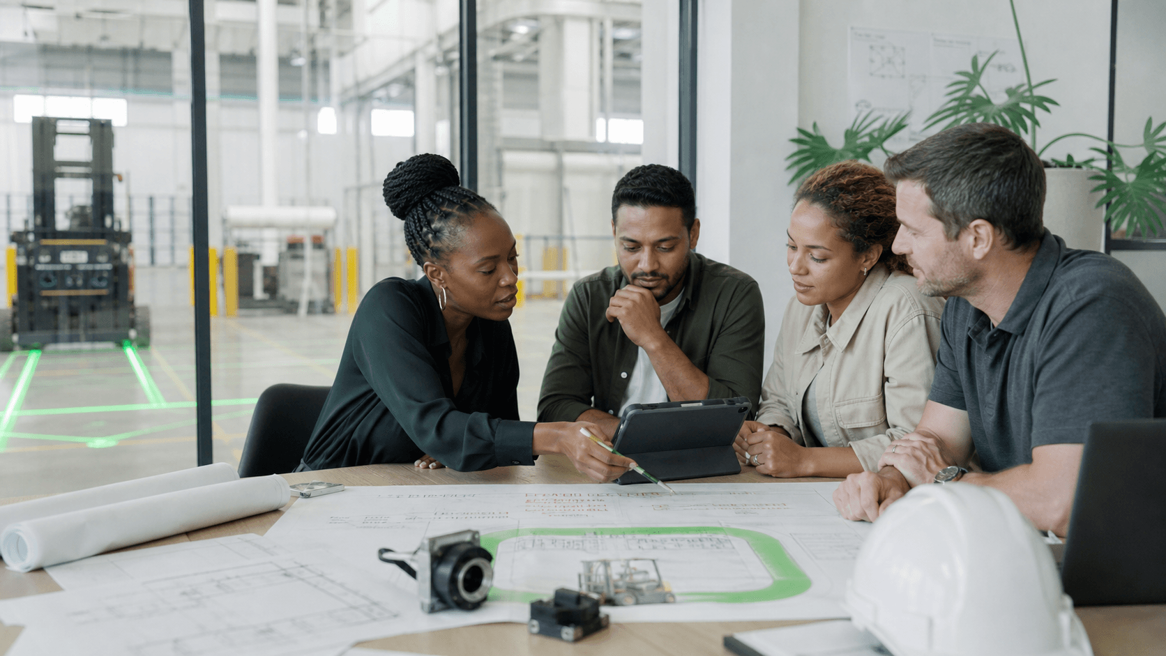 A diverse South African engineering team collaborating on an industrial safety plan